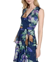 Eliza J V-Neck Sleeveless Floral Print Metallic Clip Dot Chiffon Tiered Maxi Dress