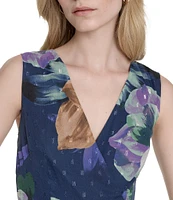 Eliza J V-Neck Sleeveless Floral Print Metallic Clip Dot Chiffon Tiered Maxi Dress