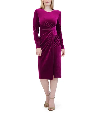 Eliza J Velvet Crew Neck Long Sleeve Gathered Side Dress