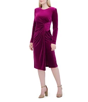 Eliza J Velvet Crew Neck Long Sleeve Gathered Side Dress