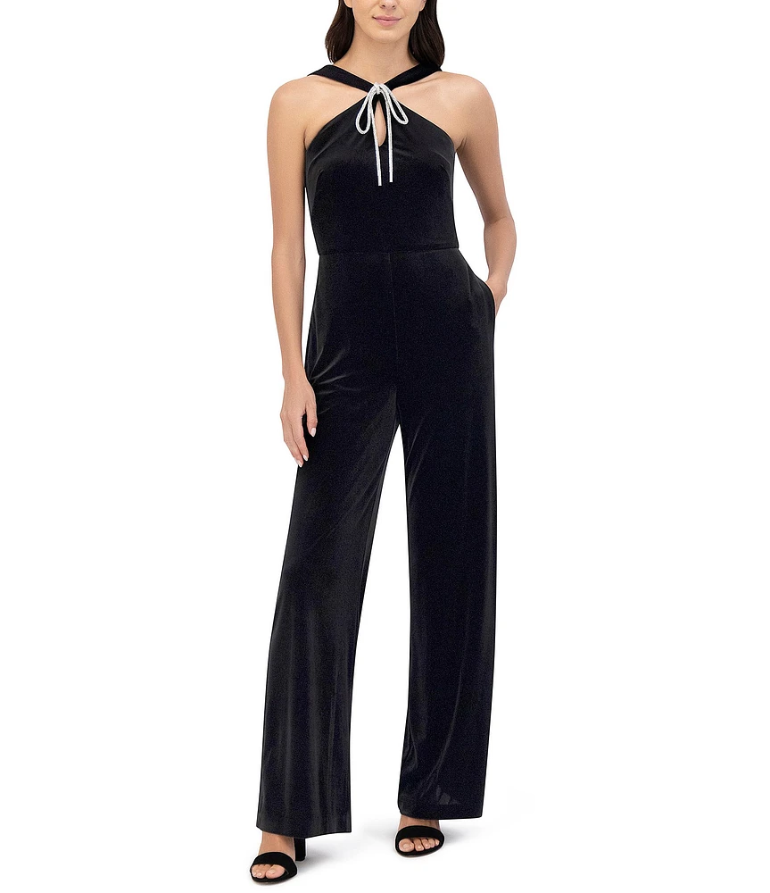 Eliza J Velvet Halter Neck Sleeveless Keyhole Bow Straight Leg Jumpsuit