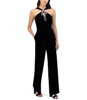 Eliza J Velvet Halter Neck Sleeveless Keyhole Bow Straight Leg Jumpsuit