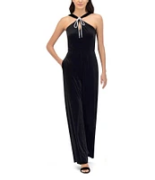 Eliza J Velvet Halter Neck Sleeveless Keyhole Bow Straight Leg Jumpsuit