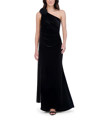 Eliza J Velvet One Shoulder Sleeveless Rosette Flocked Dot Mesh Back Sash Pleated Waist Gown