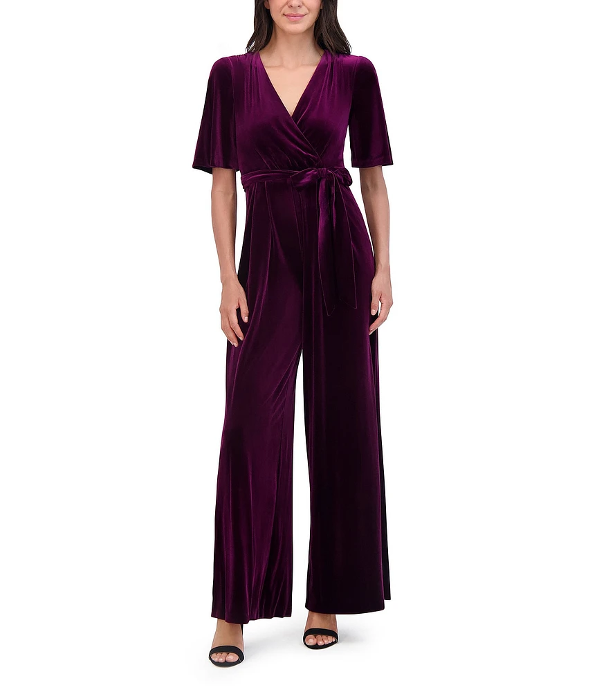 Eliza J Velvet V-Neck Short Sleeve Tie Waist Wide Leg Jumpsuit