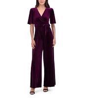 Eliza J Velvet V-Neck Short Sleeve Tie Waist Wide Leg Jumpsuit