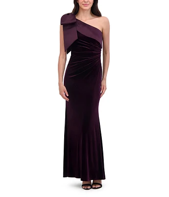 Eliza Stretch Velvet One Shoulder Bow Neck Sleeveless Sheath Dress