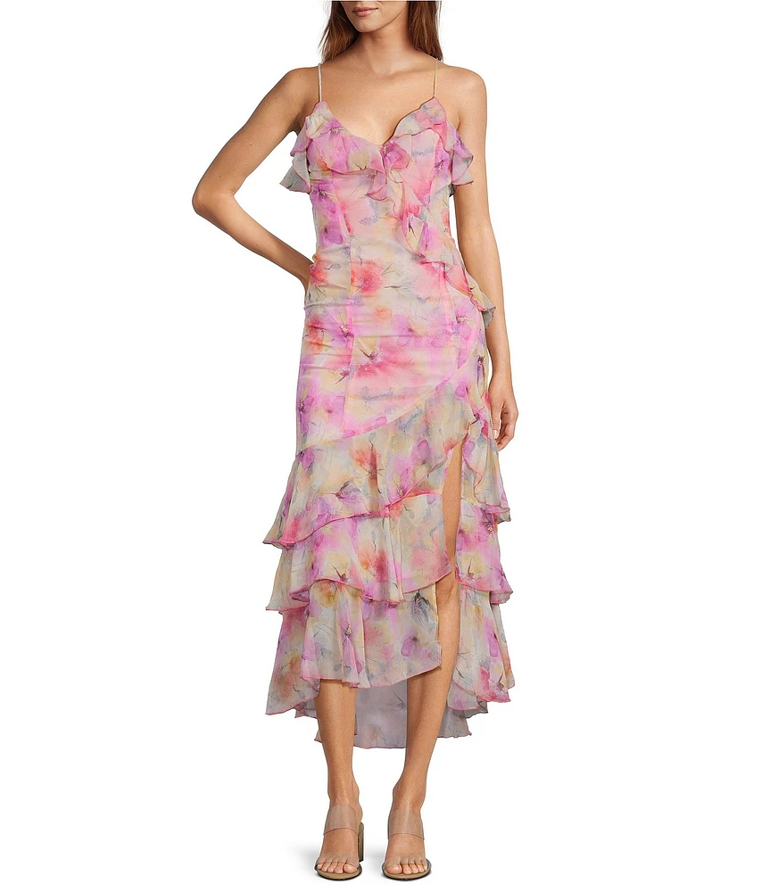 En Saison Amari Floral Print V-Neck Sleeveless Asymmetrical Hem Maxi Dress