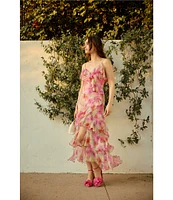 En Saison Amari Floral Print V-Neck Sleeveless Asymmetrical Hem Maxi Dress