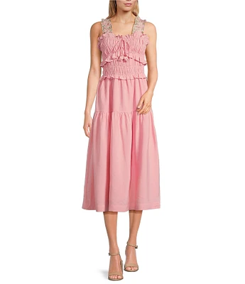 En Saison Bethany Square Neck Sleeveless Midi Smocked Dress