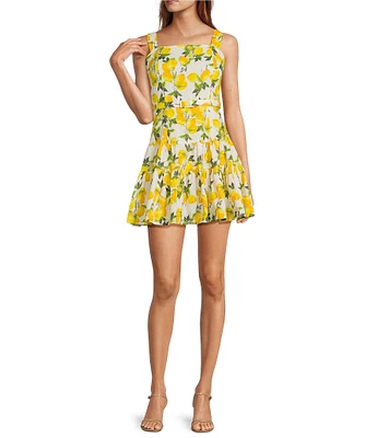 En Saison Blanca Lemon Print Square Neckline Sleeveless Tiered Mini Dress