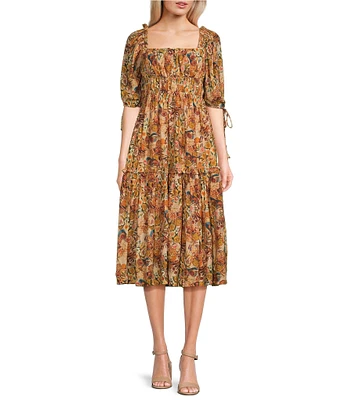 En Saison Candela Floral Print Square Neck 3/4 Sleeve Ruffle Midi Dress