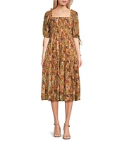 En Saison Candela Floral Print Square Neck 3/4 Sleeve Ruffle Midi Dress