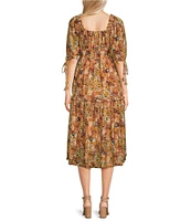 En Saison Candela Floral Print Square Neck 3/4 Sleeve Ruffle Midi Dress