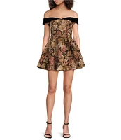 En Saison Carey Jacquard Floral Off-The-Shoulder Neck Sleeveless Mini Dress