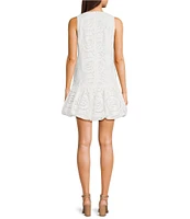 En Saison Chloe Floral Embroidered Crew Neckline Sleeveless Bubble Hem Mini Dress