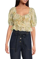 En Saison Elliot Floral Print Scoop Neck Short Puff Sleeve Organza Top