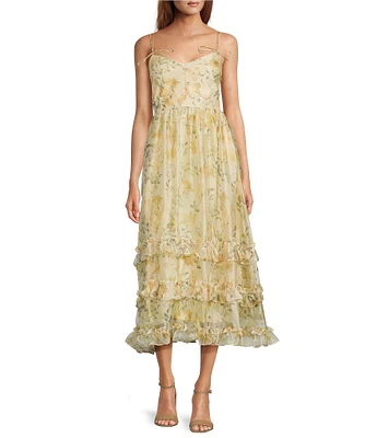 En Saison Elliot Floral Print V-Neck Sleeveless Organza Midi Dress