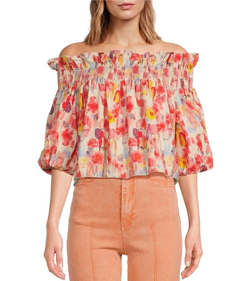 En Saison Giada Floral Print Off-the-Shoulder Long Sleeve Top