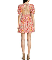 En Saison Giada Floral Print V Neck Short Puff Sleeve Mini Dress