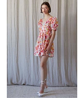 En Saison Giada Floral Print V Neck Short Puff Sleeve Mini Dress