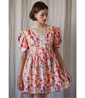 En Saison Giada Floral Print V Neck Short Puff Sleeve Mini Dress