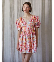 En Saison Giada Floral Print V Neck Short Puff Sleeve Mini Dress