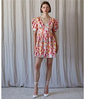 En Saison Giada Floral Print V Neck Short Puff Sleeve Mini Dress