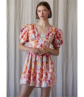 En Saison Giada Floral Print V Neck Short Puff Sleeve Mini Dress