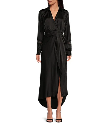 En Saison Holland Satin V-Neck Long Sleeve Faux Wrap Lace Maxi Dress