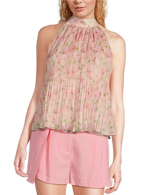 En Saison Josette Floral Printed Plisse Mock Neck Sleeveless Swing Top