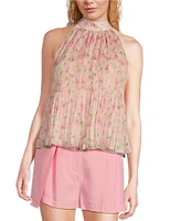 En Saison Josette Floral Printed Plisse Mock Neck Sleeveless Swing Top