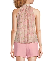 En Saison Josette Floral Printed Plisse Mock Neck Sleeveless Swing Top