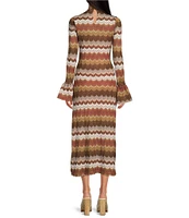 En Saison Le Voilie Wave Striped Print Novelty Knit Mock Neck Long Sleeve Bell Cuff A-Line Dress