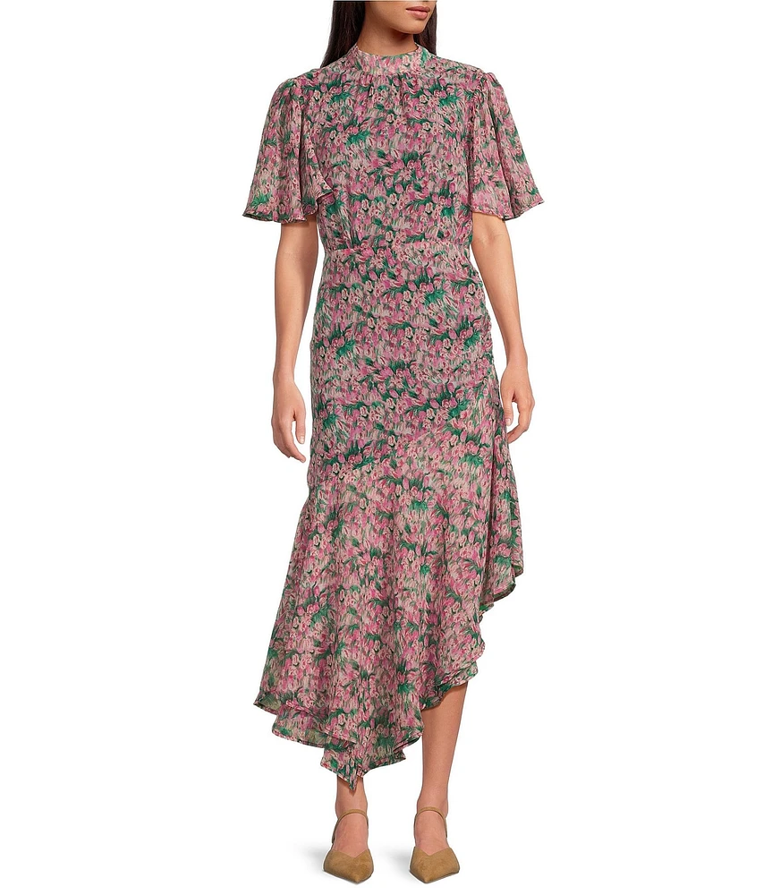 En Saison Lyra Floral Print Mock Neck Short Flutter Sleeve Midi Dress