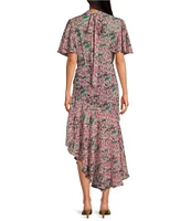 En Saison Lyra Floral Print Mock Neck Short Flutter Sleeve Midi Dress