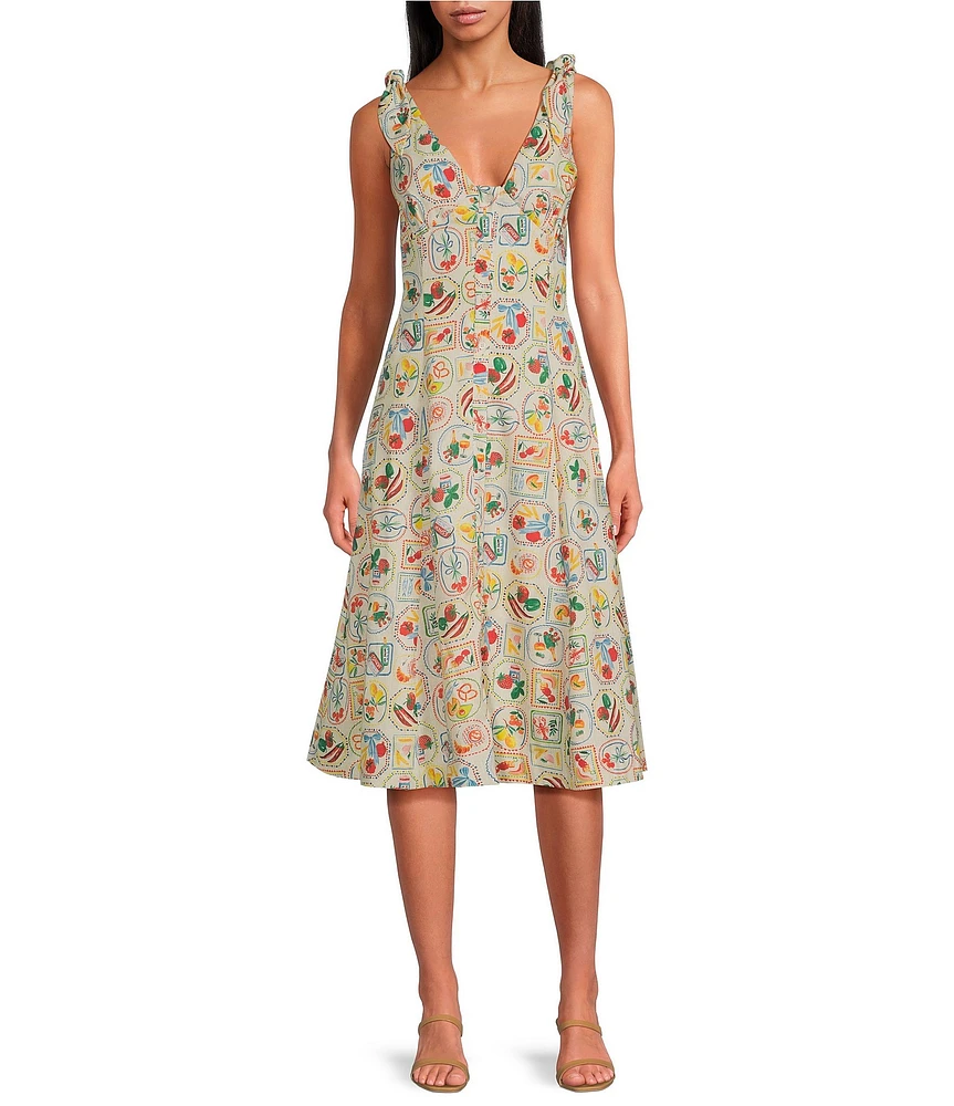En Saison Nayeli Fruit Print Linen Blend V-Neck Sleeveless Button Front Midi Dress