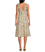 En Saison Nayeli Fruit Print Linen Blend V-Neck Sleeveless Button Front Midi Dress