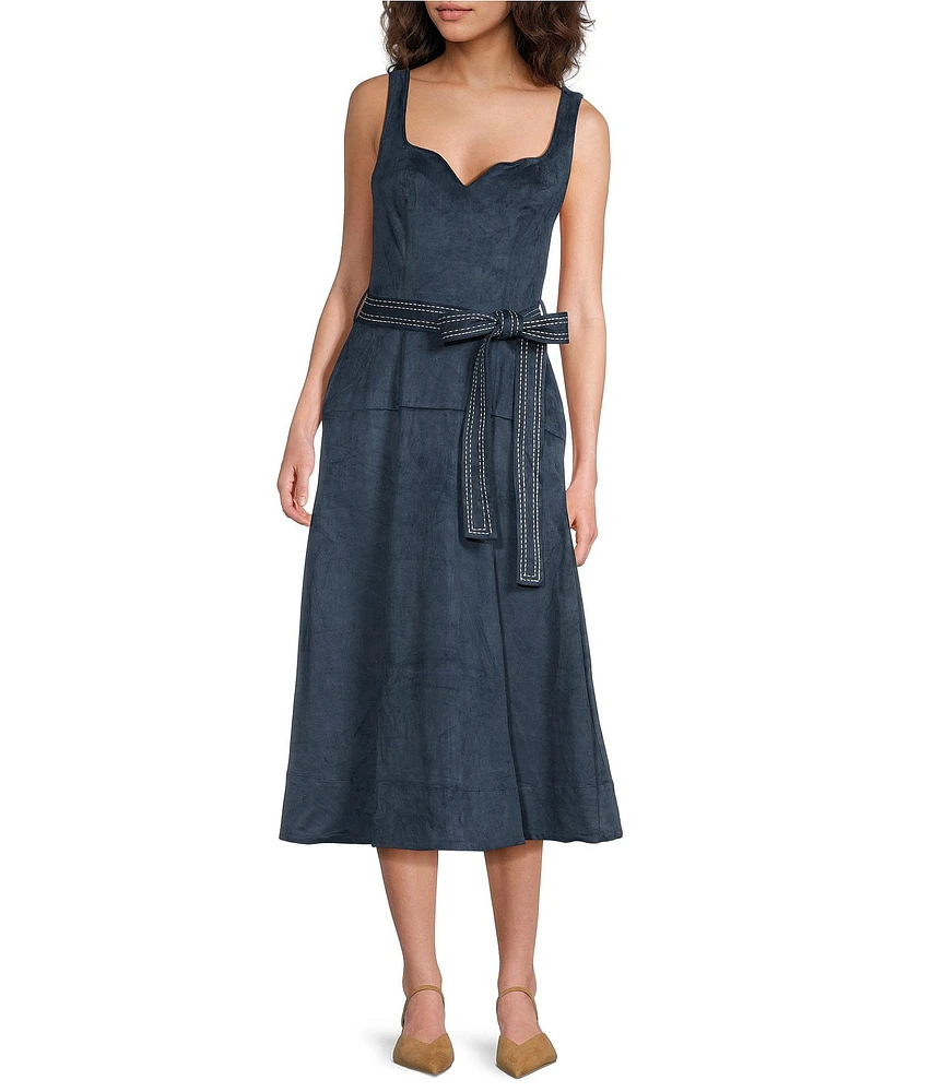 En Saison Robin Vegan Suede Sweetheart Neck Sleeveless Blanket Stitch Belted Midi Dress