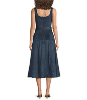 En Saison Robin Vegan Suede Sweetheart Neck Sleeveless Blanket Stitch Belted Midi Dress