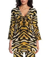 Eva Varro Abstract Animal Print Knit Jersey Twist V-Neck 3/4 Bell Sleeve A-Line Coordinating Tunic