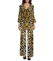 Eva Varro Abstract Animal Print Knit Jersey Twist V-Neck 3/4 Bell Sleeve A-Line Coordinating Tunic