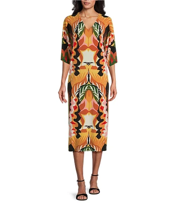 Eva Varro Abstract Leaf Print V-Neck Elbow Sleeve Dress