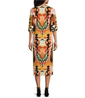 Eva Varro Abstract Leaf Print V-Neck Elbow Sleeve Dress