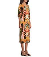 Eva Varro Abstract Leaf Print V-Neck Elbow Sleeve Dress