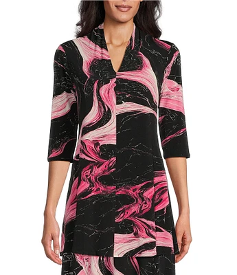 Eva Varro Abstract Marble Print Knit Jersey V-Neck 3/4 Sleeve A-Line Tunic