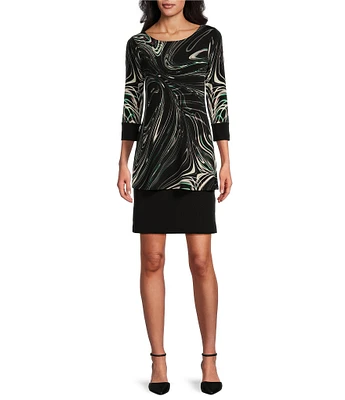 Eva Varro Abstract Swirl Print Knit Jersey Boat Neck 3/4 Sleeve Layered Blouson Dress