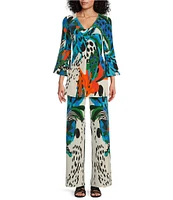 Eva Varro Abstract Tropical Inspired Print Elastic Waist Straight Leg Coordinating Pants