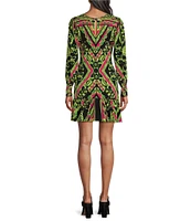 Eva Varro Alicia Flounce Scarf Print Crew Neck Long Sleeve Ruffle A-Line Dress