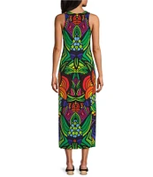 Eva Varro Barbara Jersey Knit Abstract Print Round Neck Sleeveless A-Line Midi Dress